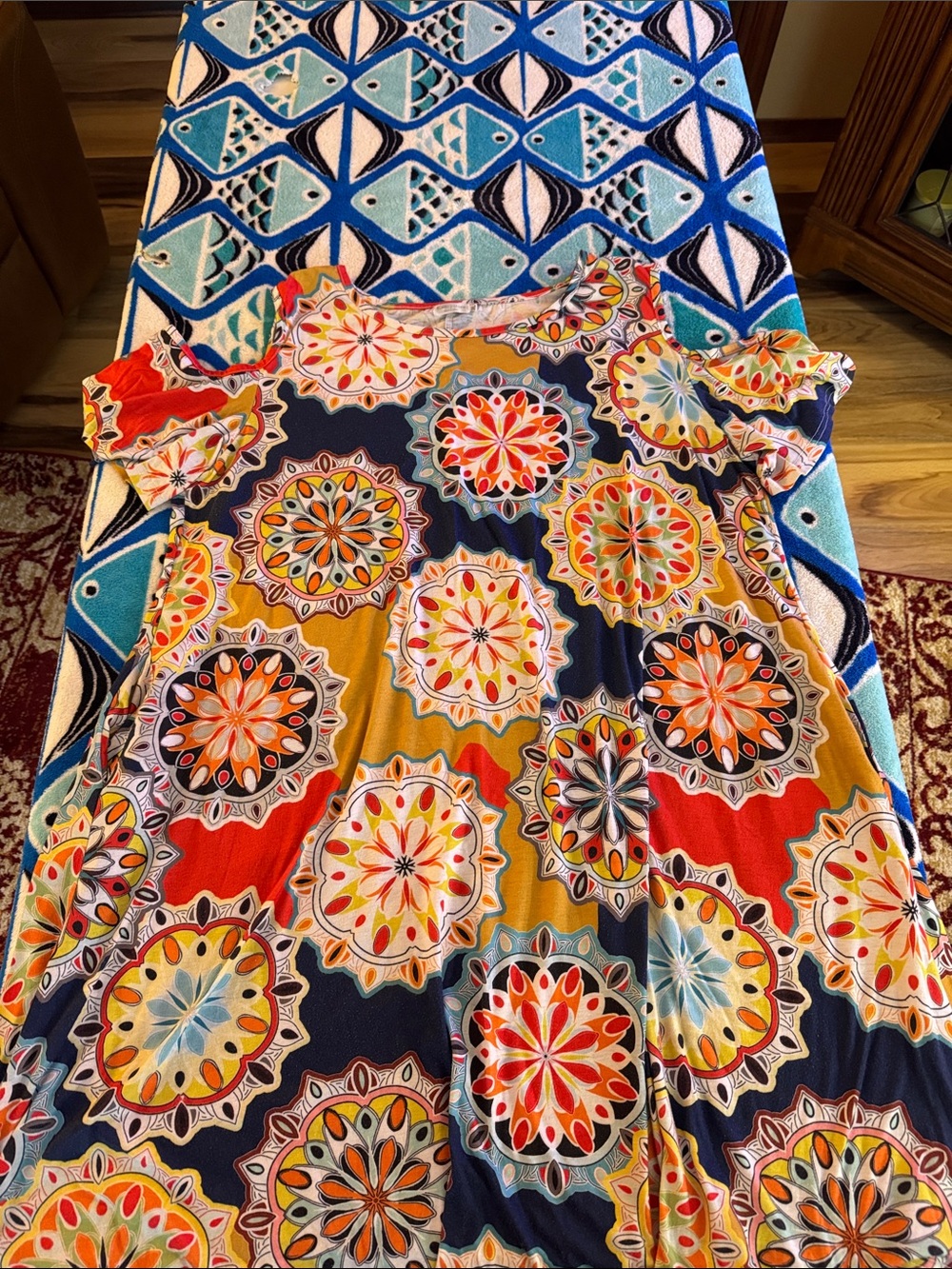Womens Multicolor Medallion Print Swing Dress with Peek a Boo shoulders